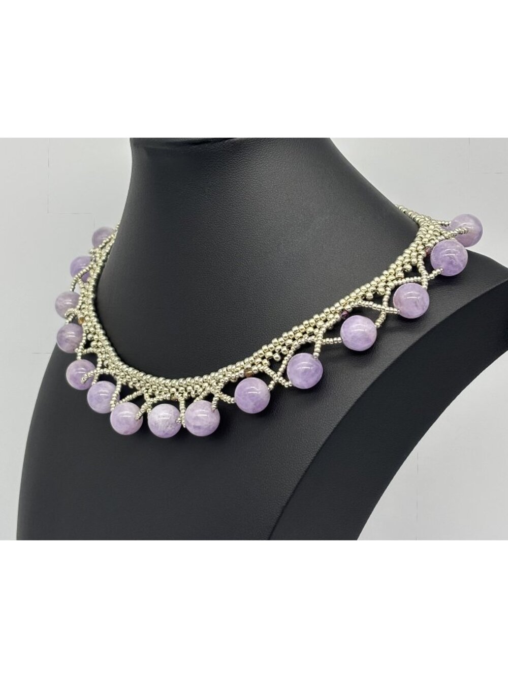 Artisan-Made 12mm Amethyst and Silver Seed Bead Necklace W/Sterling Silver Clasp